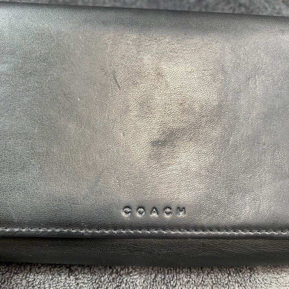Vintage Coach Legacy Black Leather Trifold Checkbook Wallet Silver Zip Organizer - Picture 2 of 12